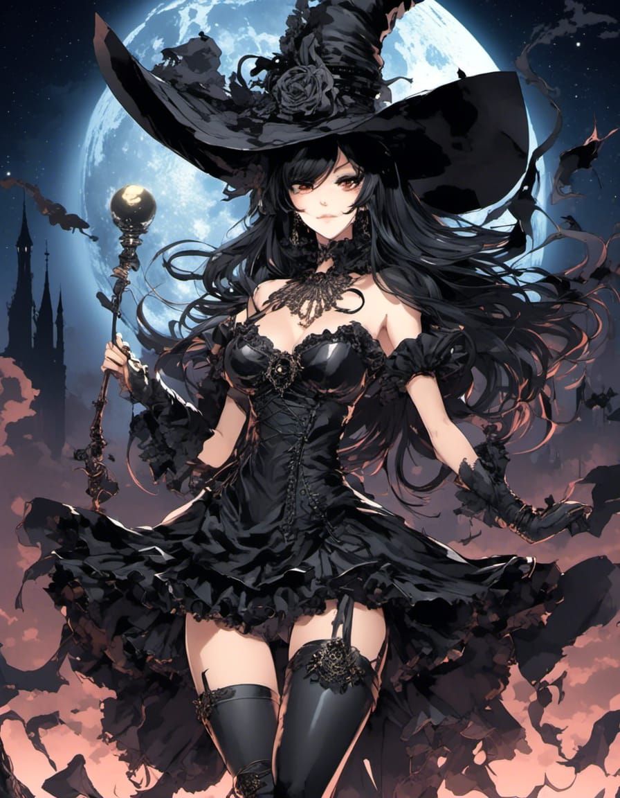 Gothic Anime Witch with Dark Magic and Moon
