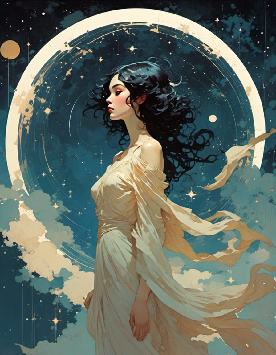 Celestial Enchantress Under Orion in Flat Color Illustration