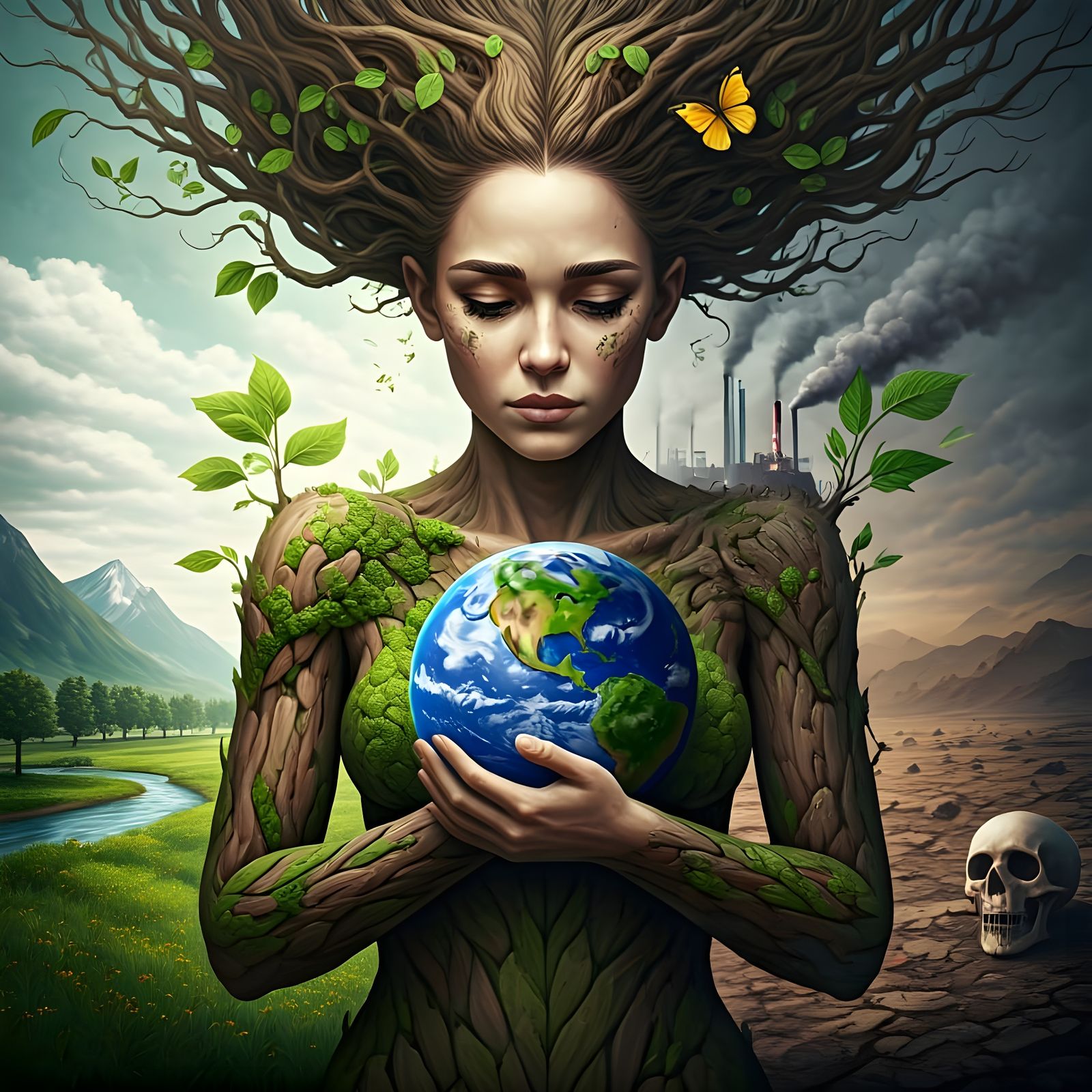 Mother Earth Cradles Earth in Digital Illustration