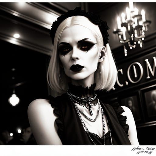 Goth Model in Dark Cafe, Black and White Photography