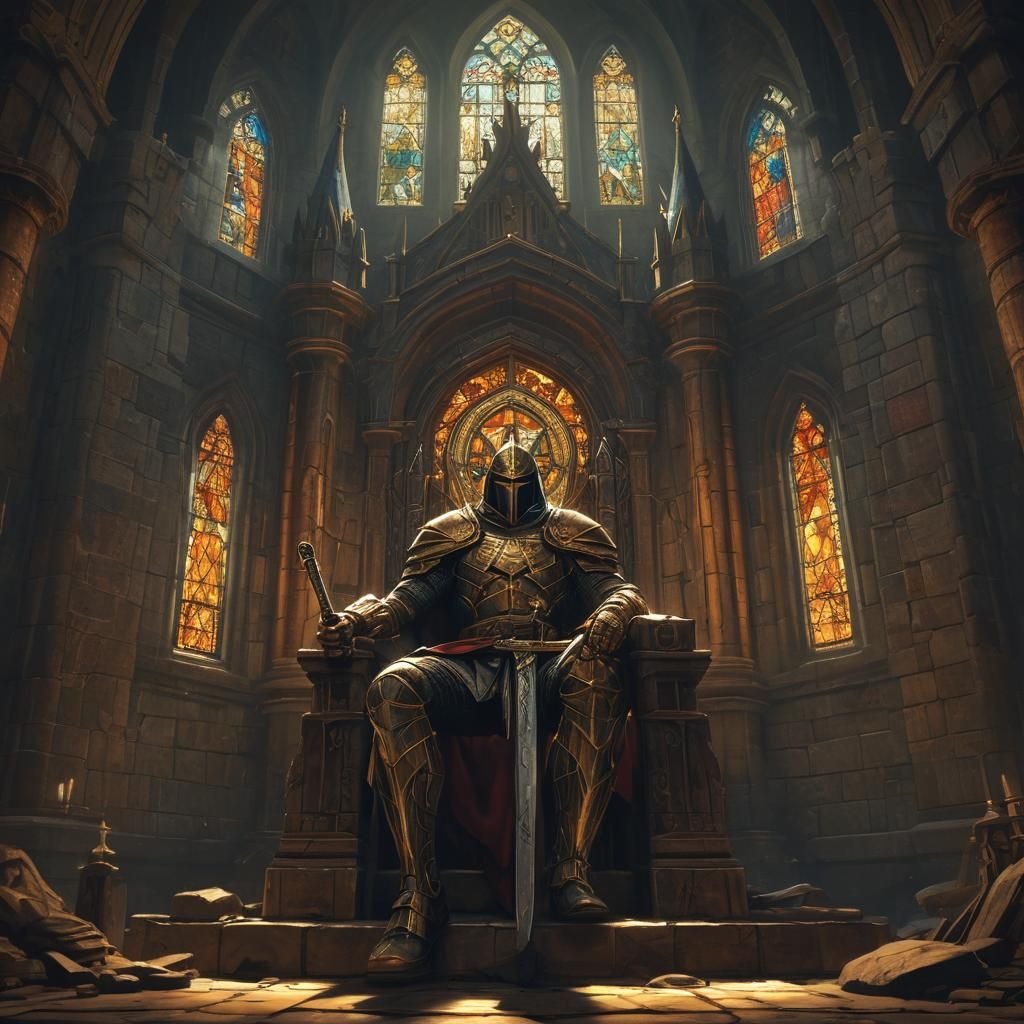Mighty Warrior on Throne in Mystical Castle Hall