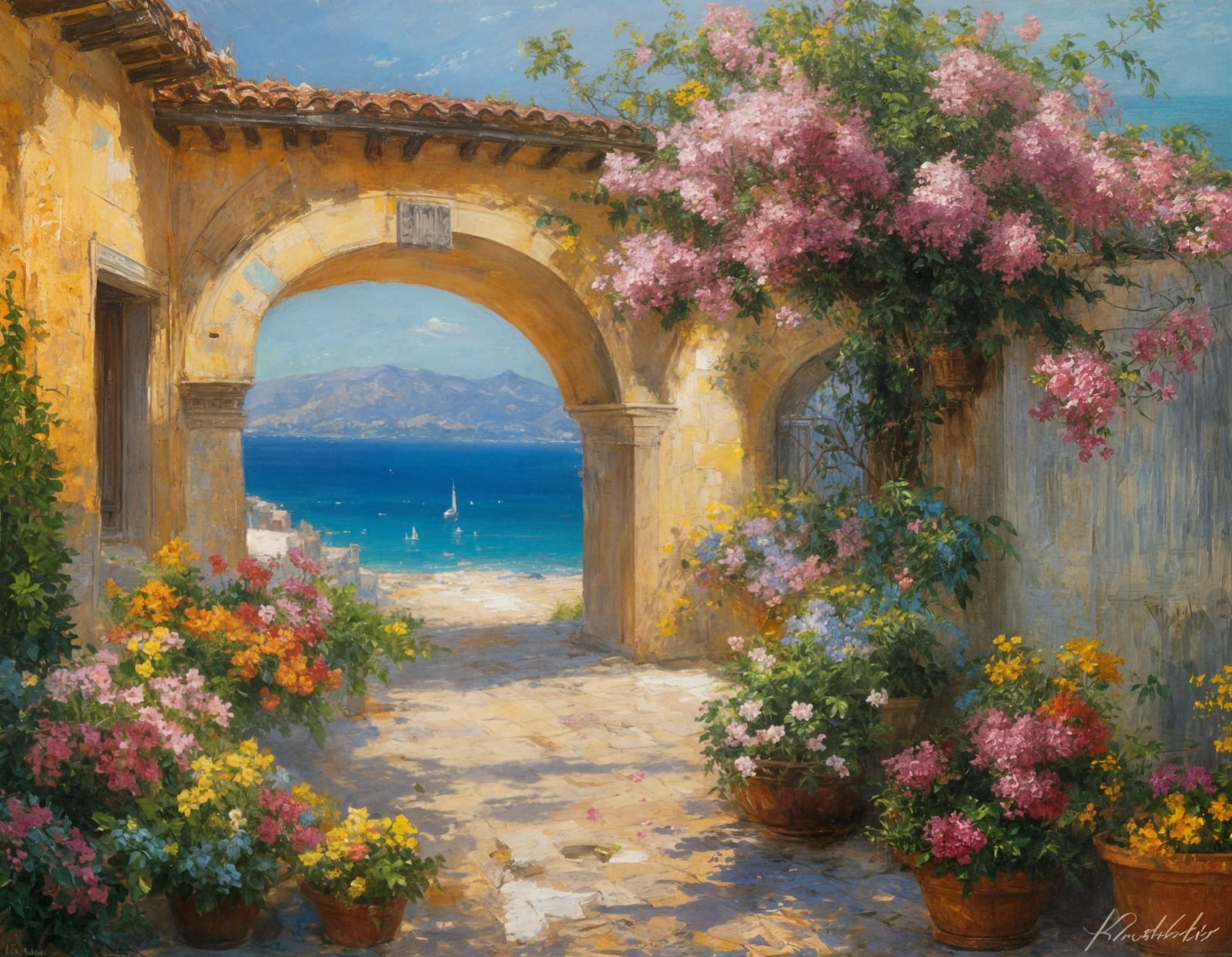 Italian Villa Garden Overlooking Mediterranean Sea