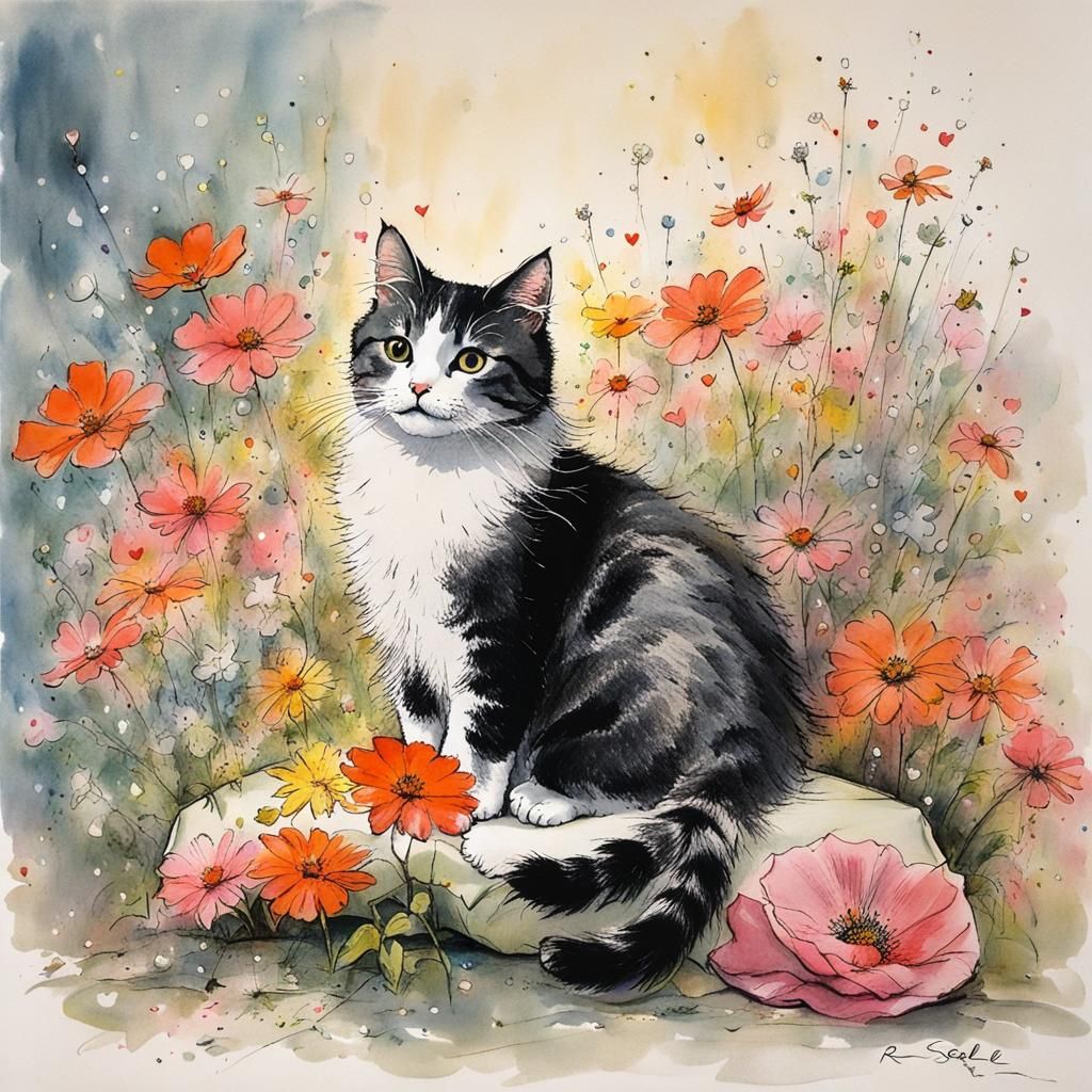 Cute Cat Surrounded by Flowers in Cartoon Style