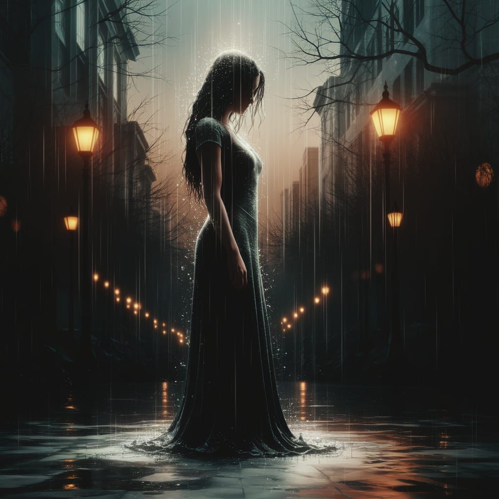 Dark Fantasy Woman in Downpour, Haunting Silhouette Against ...