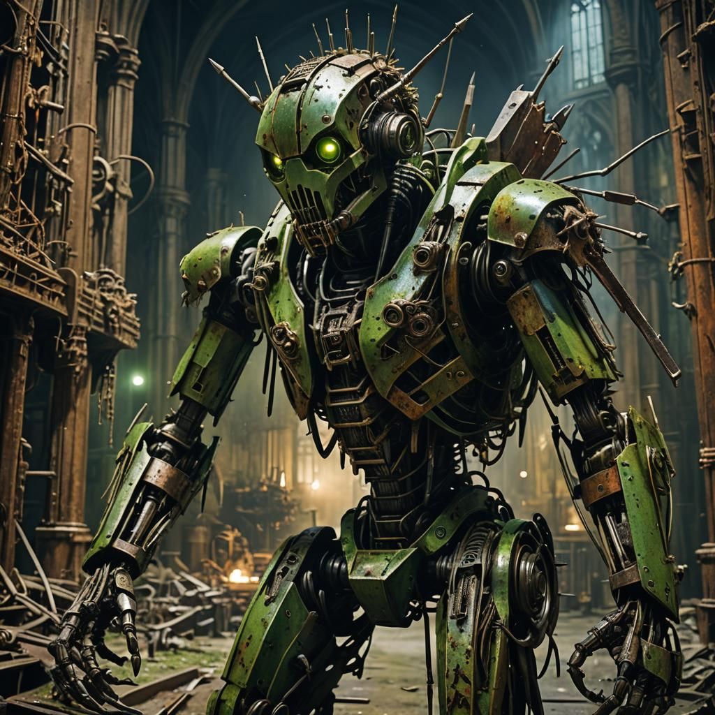 Ominous Rusty Robot Hornet in Dark Surrealism Style