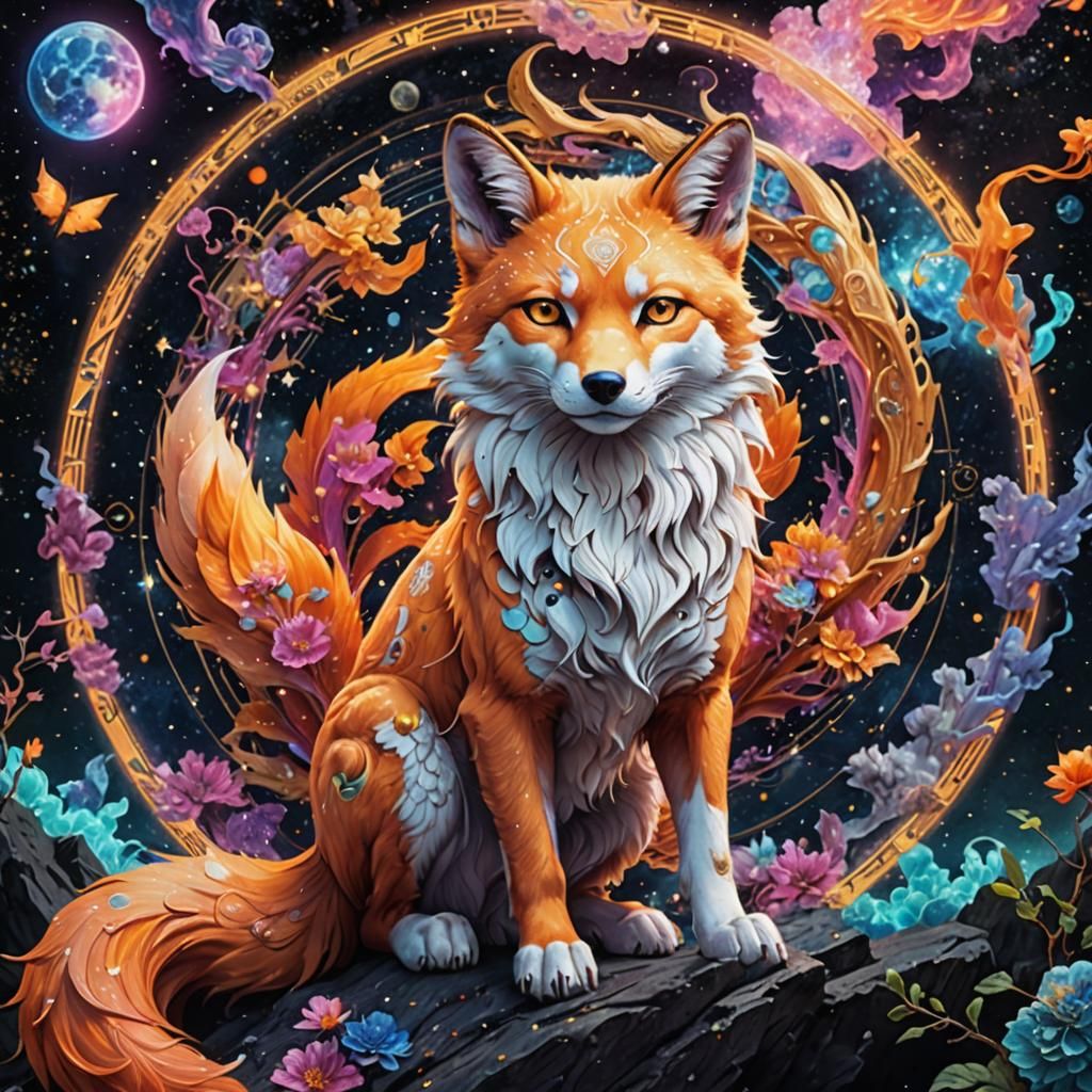 Kitsune in Holographic Astral Art Style