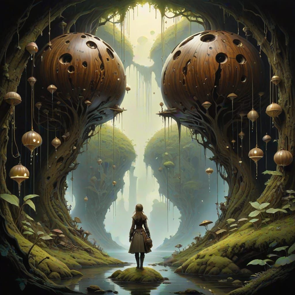 Intricate Walnut Interior Scene in Mixed-Media Collage Style