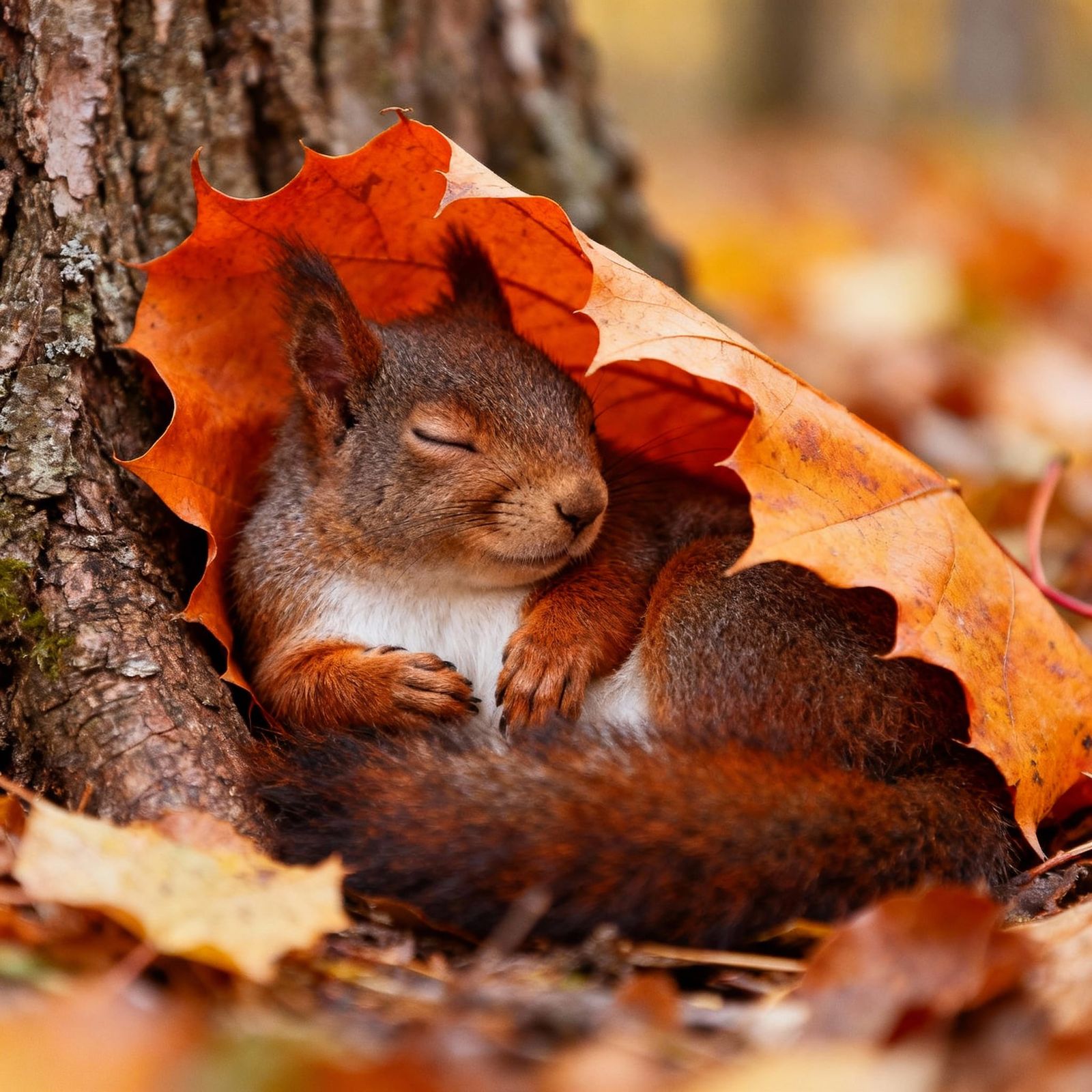 Squirrel Sleeps Under Orange Leaf Blanket in Autumn Forest
