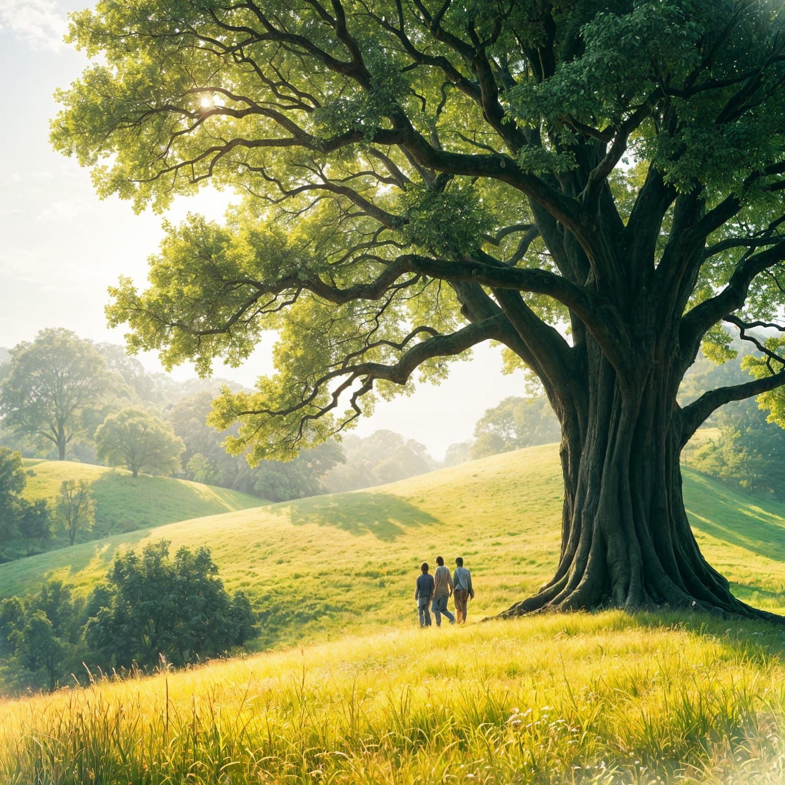 Emerald Tree Dominates Serene Landscape in Soft Pastel Hues