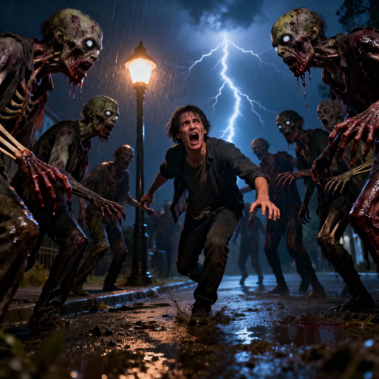 Horror Scene: Terrified Person Flees Zombies on Rainy Night