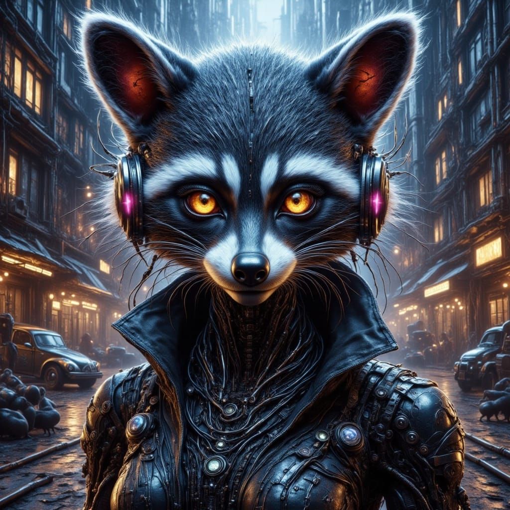 Cyberpunk Cyborg Raccoon in Dystopian Cityscape