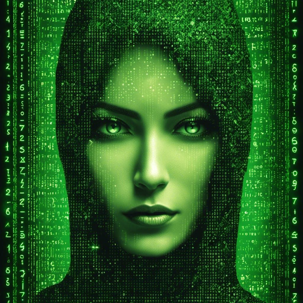 Mysterious Matrix Lady Portrait in Binary Starscape