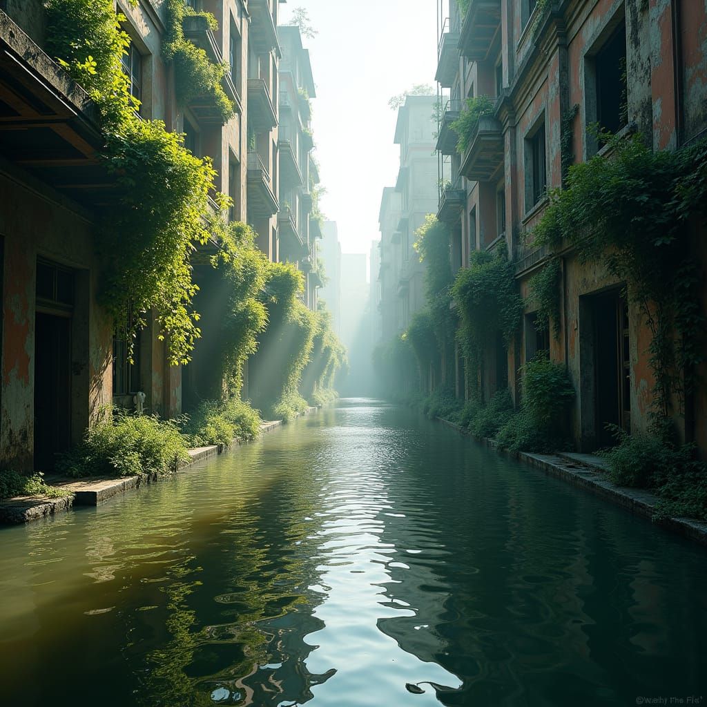 Flooded Cityscape with Abandoned Buildings in Sunlight