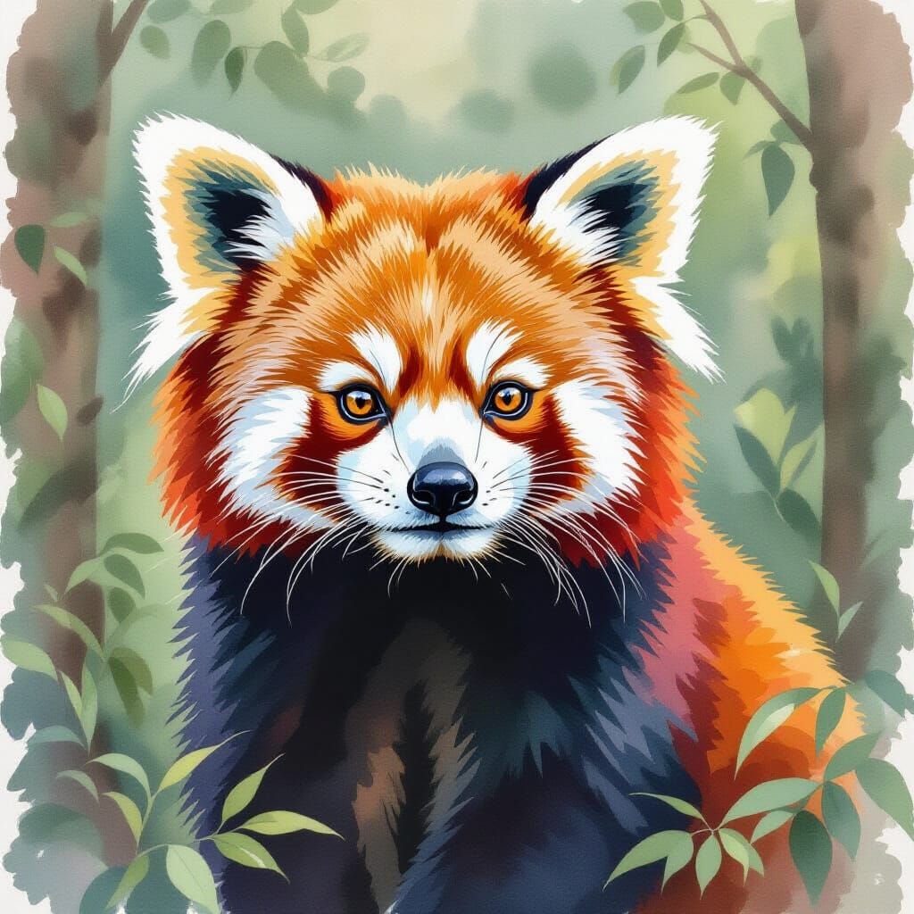 Red Panda in Amazon Rainforest: Realistic Watercolor
