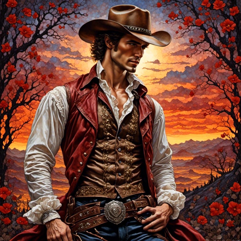Romantic Cowboy's Golden Hour Embrace: Cinematic Comic Art