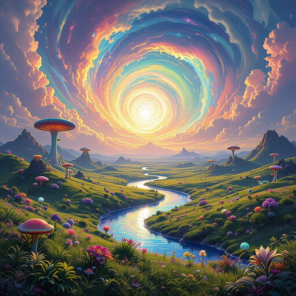 Ethereal Mairyland Plains with Alien Flora and Glowing Mushr...