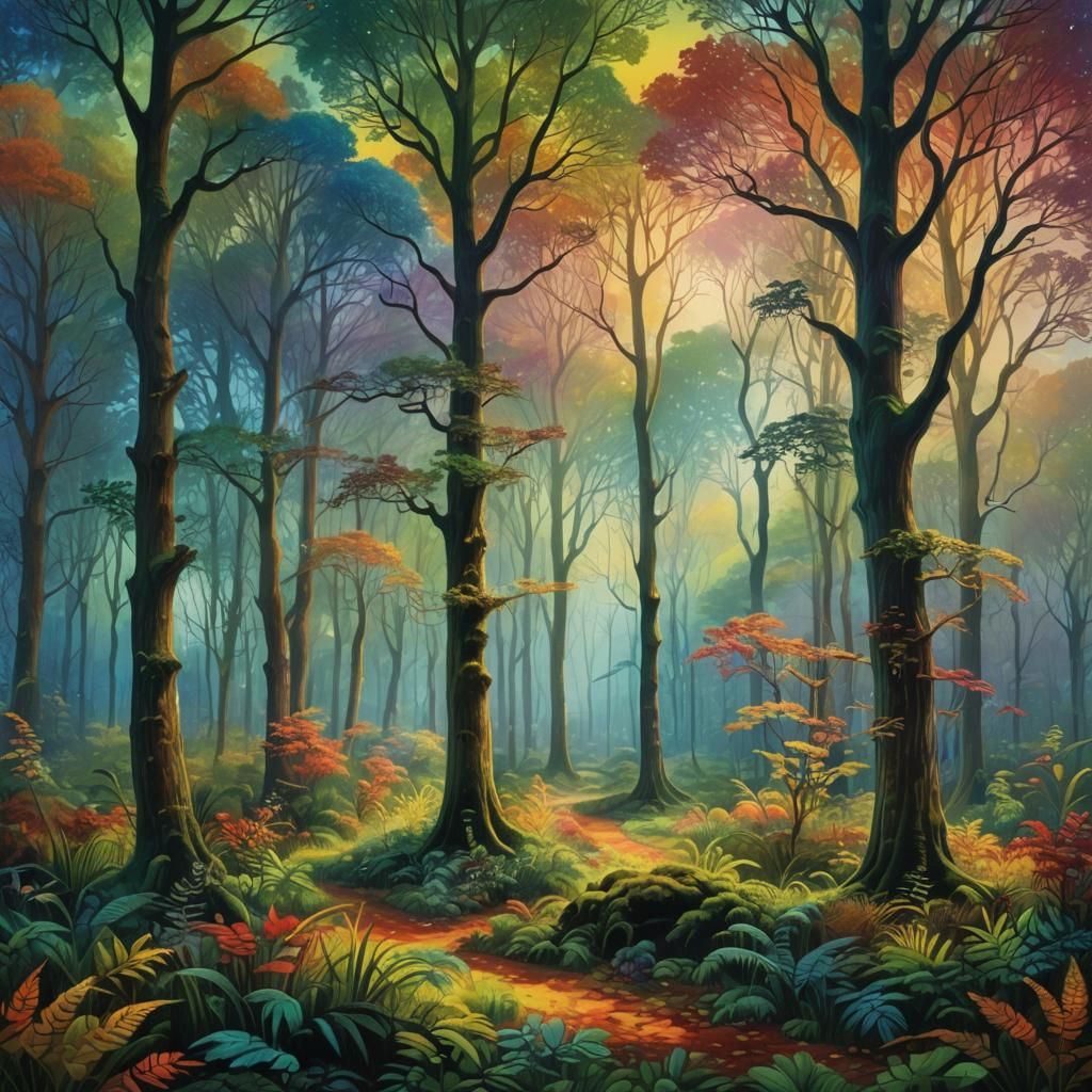 Mystical Rainbow Forest in Painterly Style