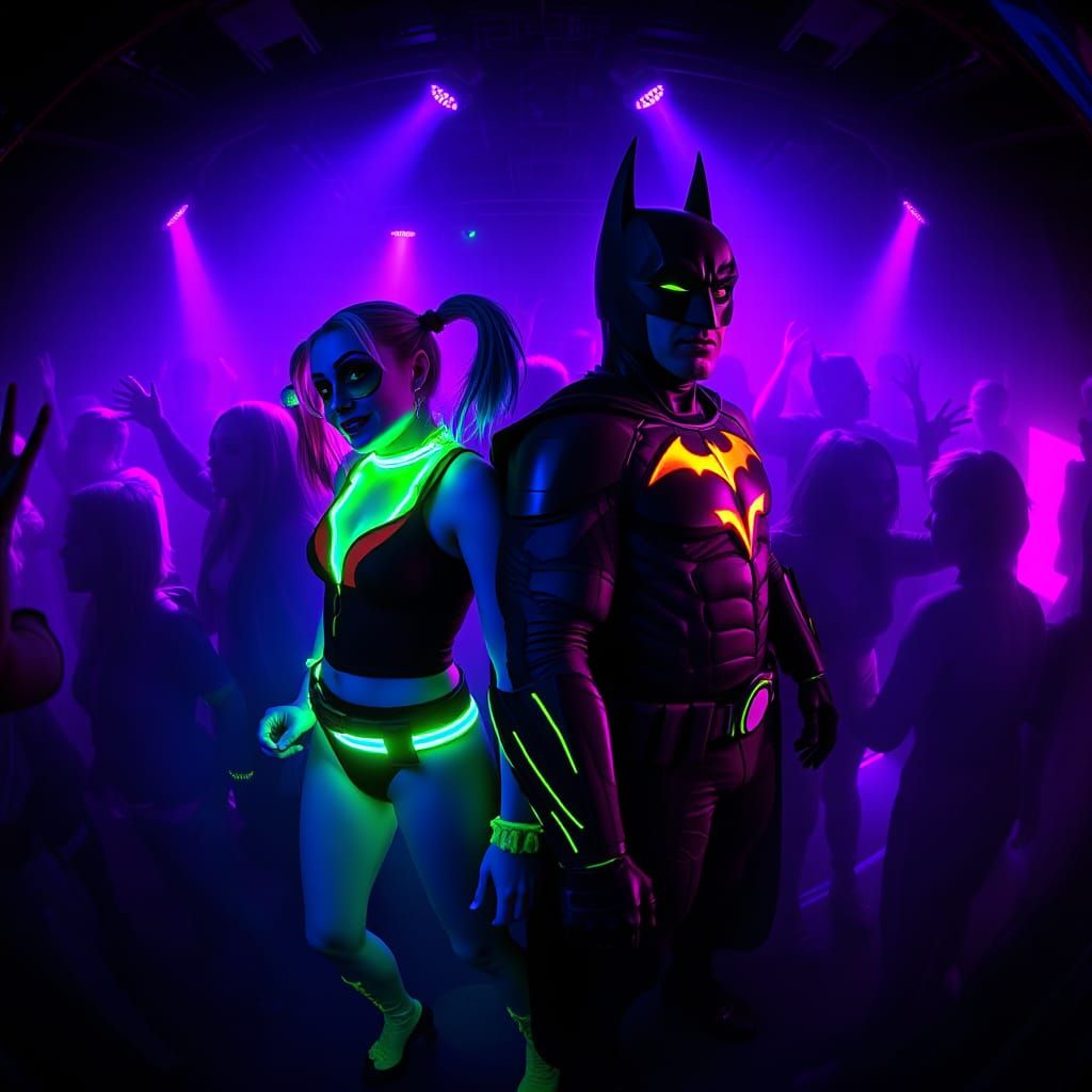 Batman and Harley Quinn at a Neon Disco