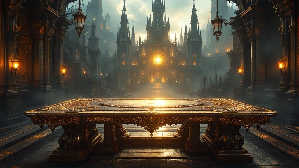 Ornate Gothic Table in Ruined Cityscape