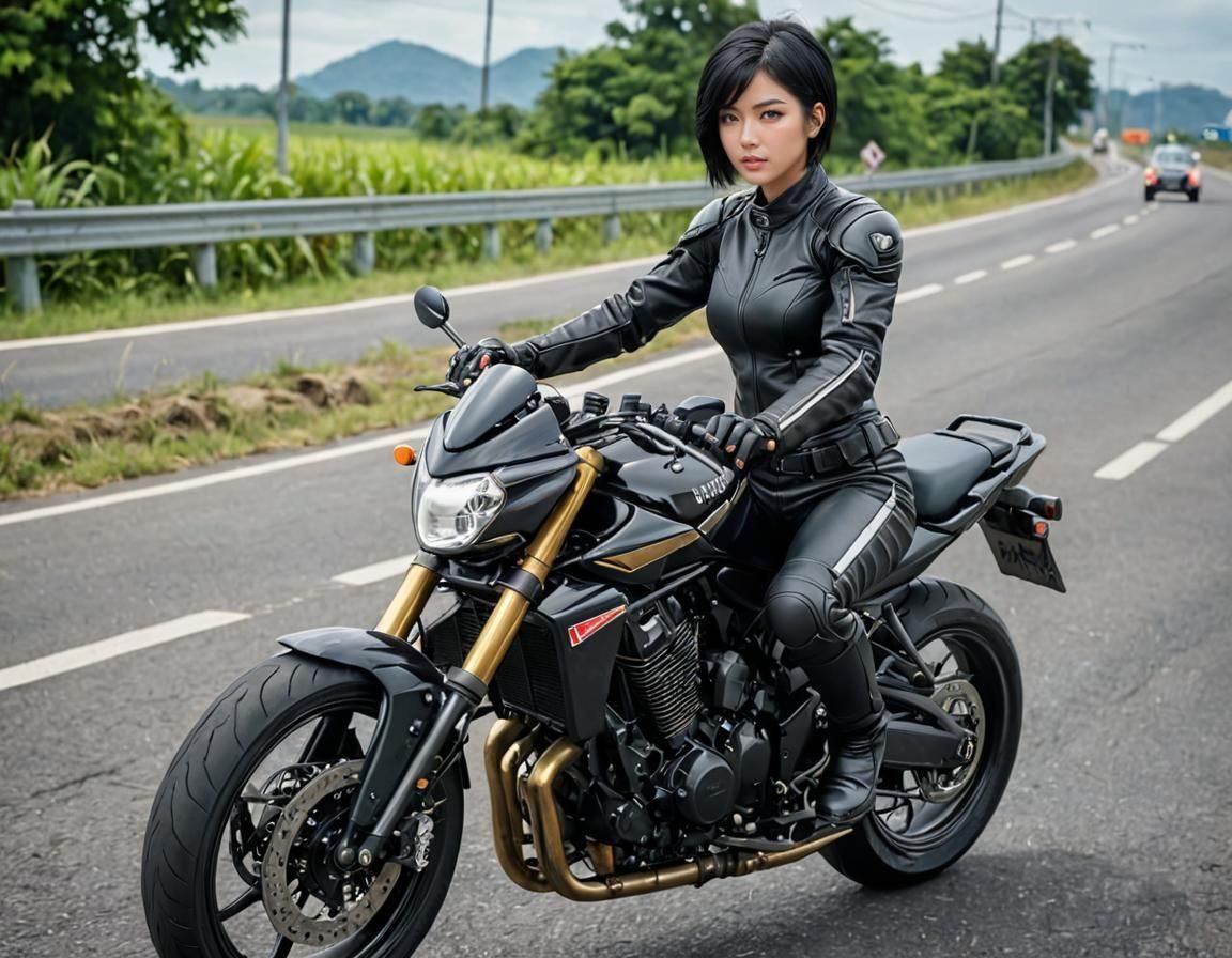 Anime Woman Rides Motorcycle on Thailand Highway