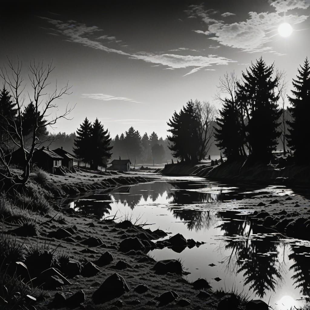 Eerie Monochrome Landscape with Floating Silhouettes