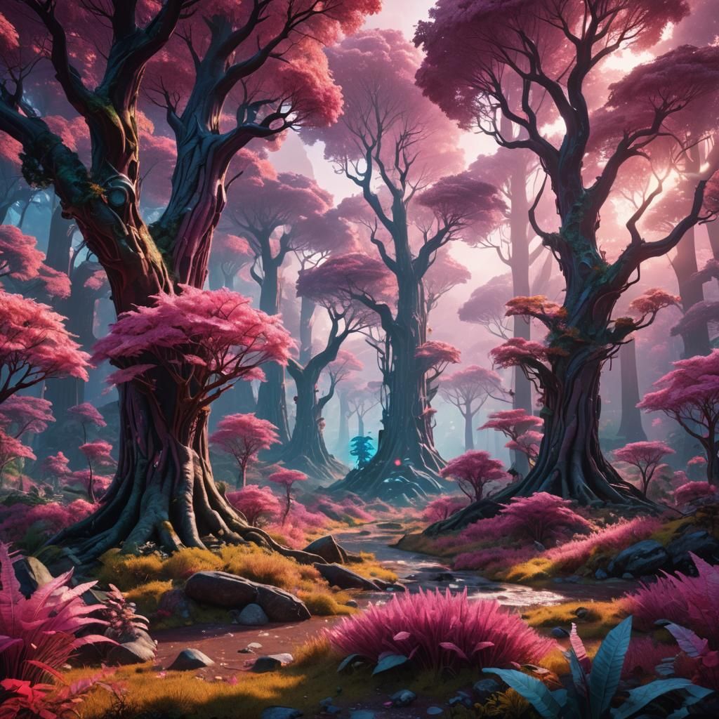 Pink Alien Forest in Digital Matte Painting Style