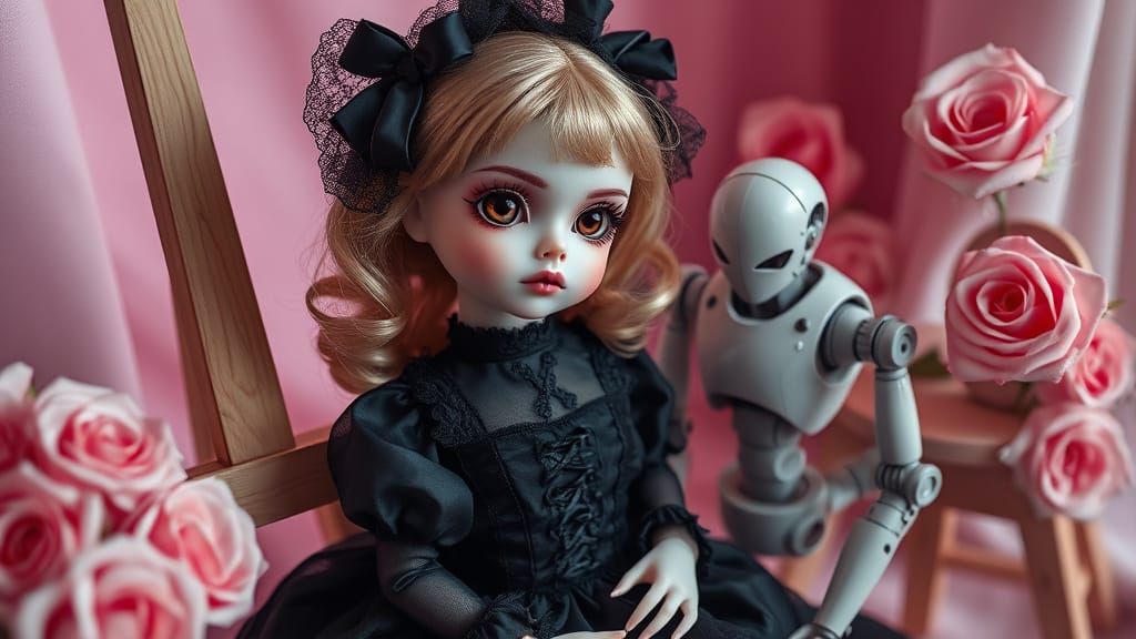 Gothic Doll and Robot in Romantic Scene