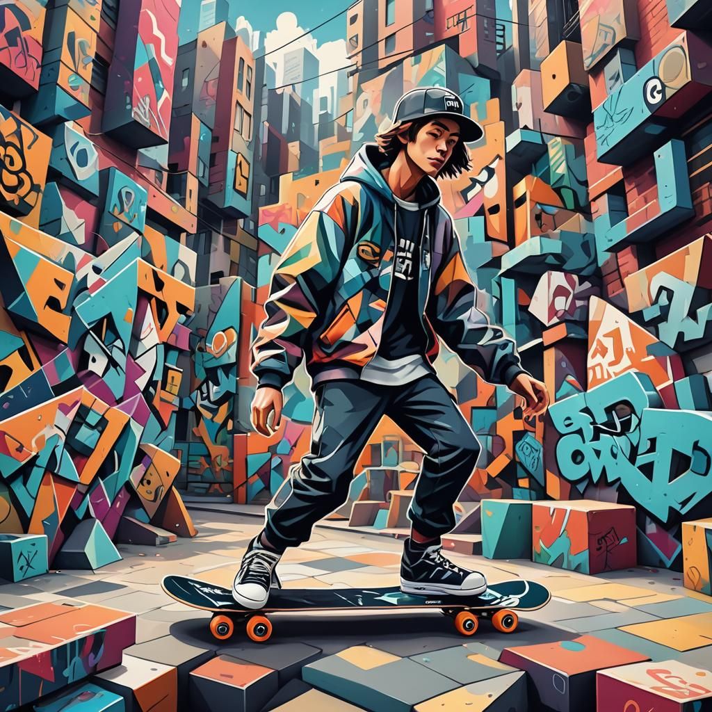 Dynamic Skate Artist in Urban Cubist Scene