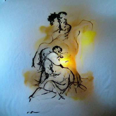 Renaissance Lovers in Ink Drawing with Flickering Light