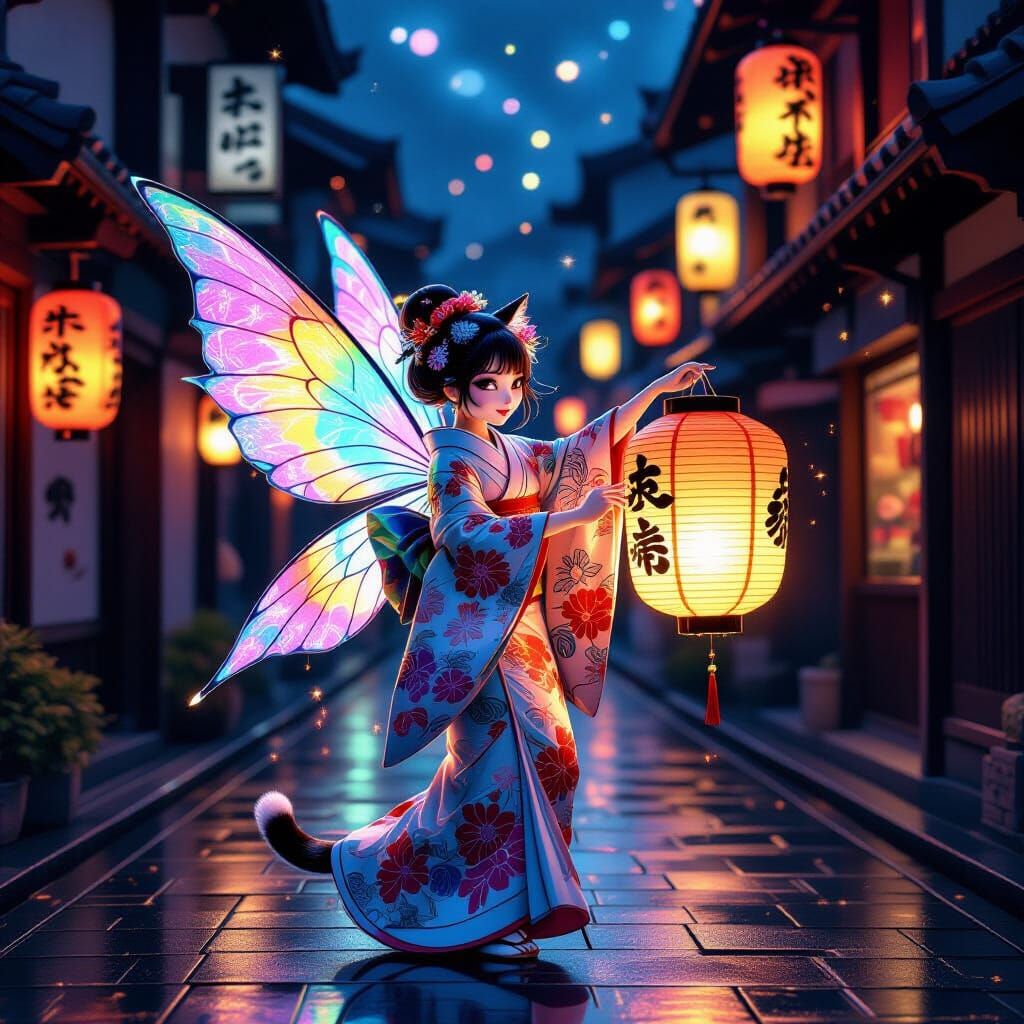 Cat Fairy Geisha Twirls Under Lanterns in Dreamy Night Scene