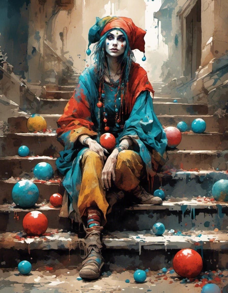 Jester Woman in Fantasy Watercolor Art Style