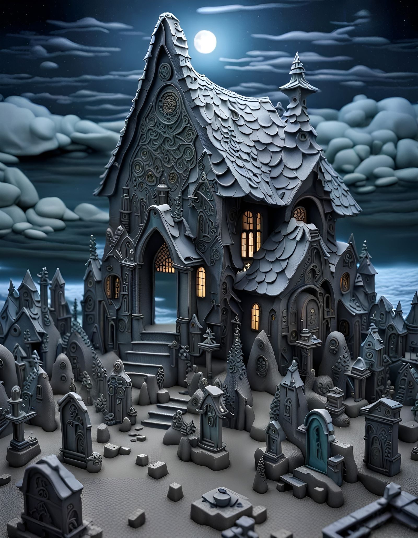 Haunted Coastal Graveyard in Textile Art Style