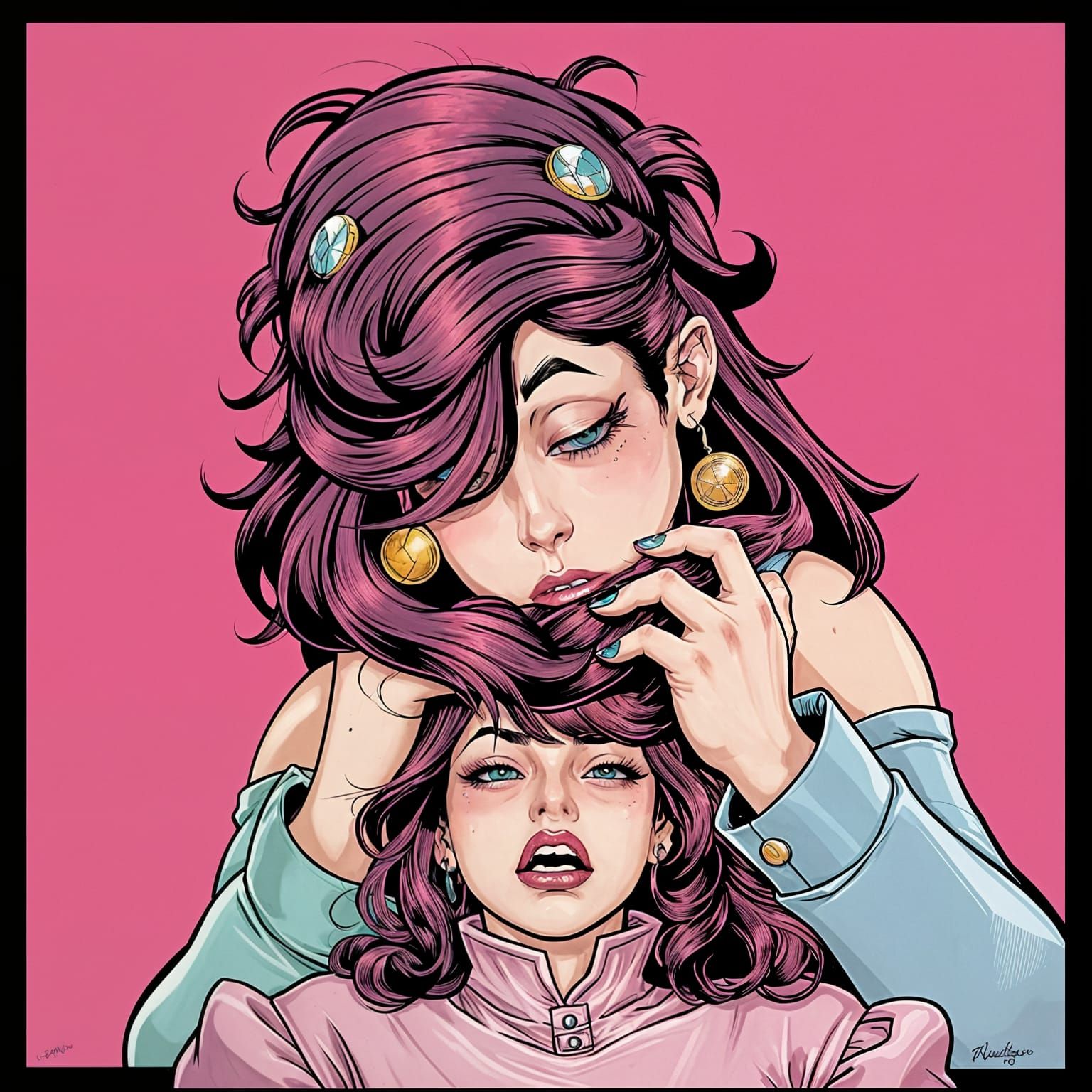 Villainess Consuming Hair in Comic Book Style