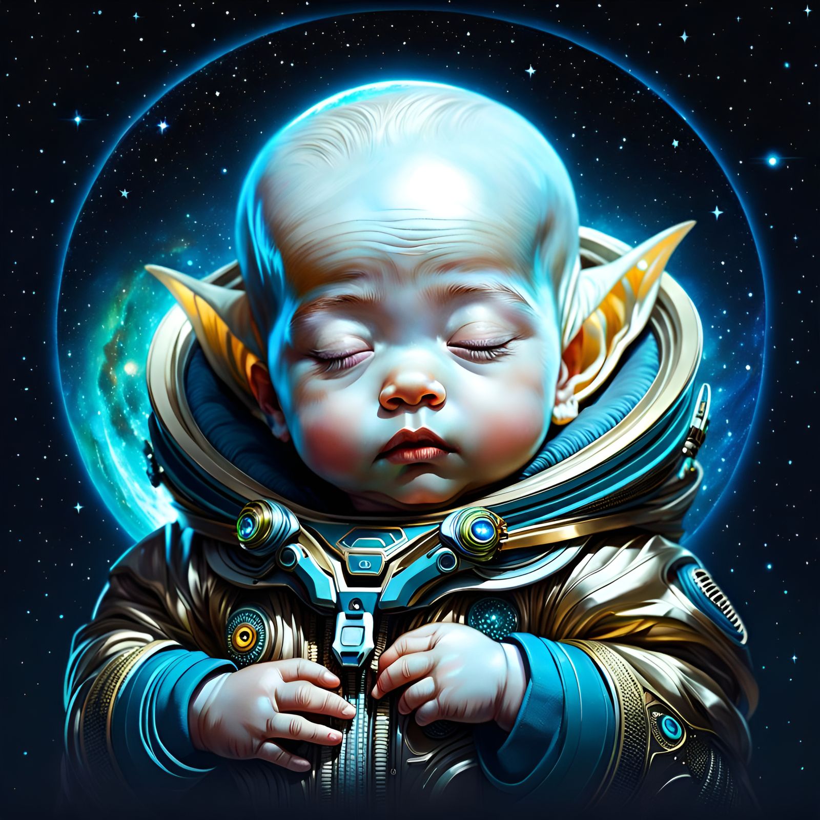 Adorable Sleeping Baby Alien Portrait in Space