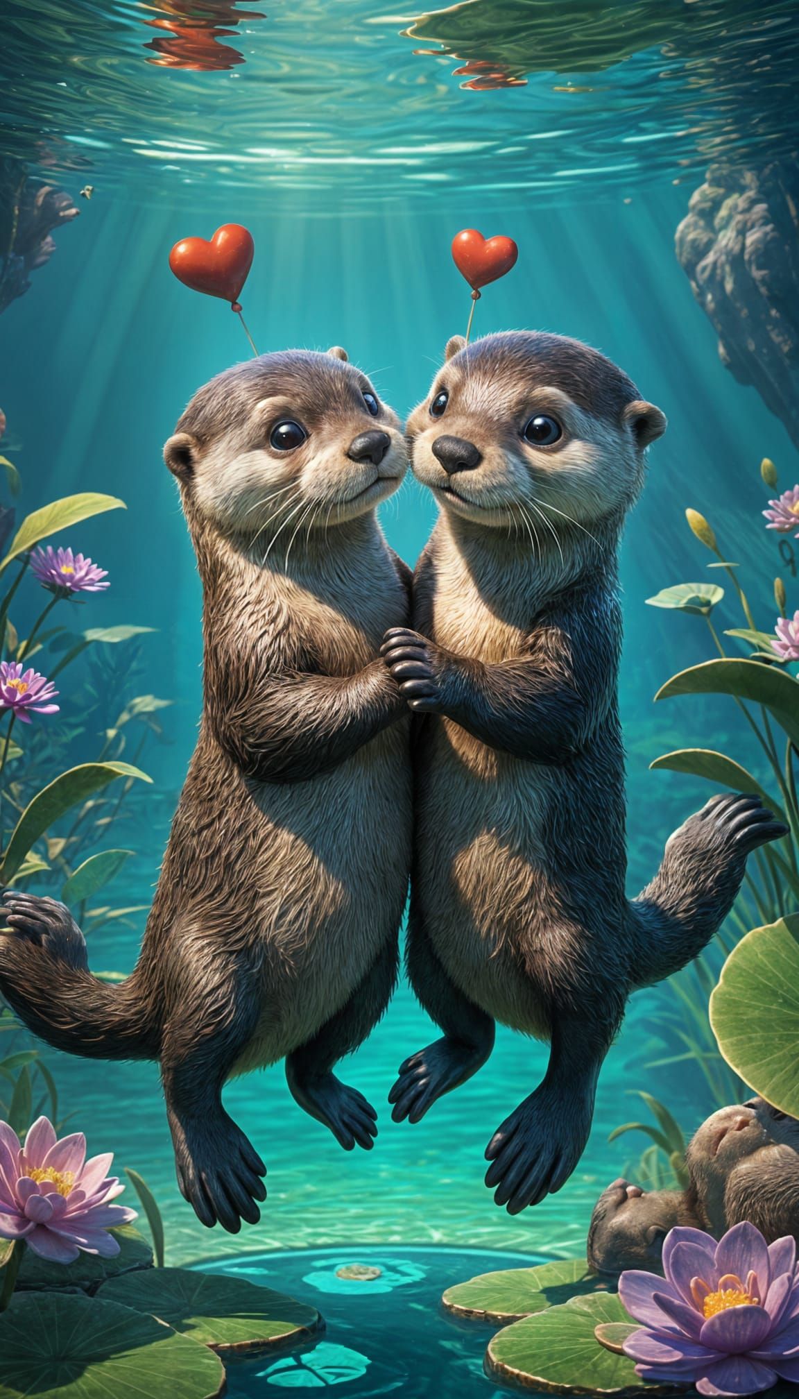 Two otters holding hands, floating on their backs in a heart...