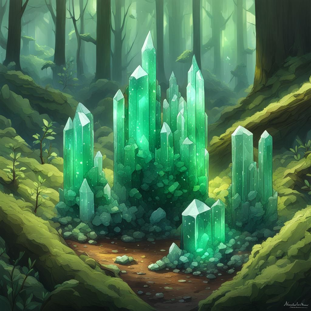 Green Crystals in Indomitus Forest: Fantasy Landscape