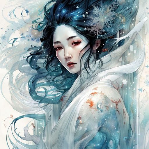 Yuki Onna in Snowy Landscape: Ink Flow Art