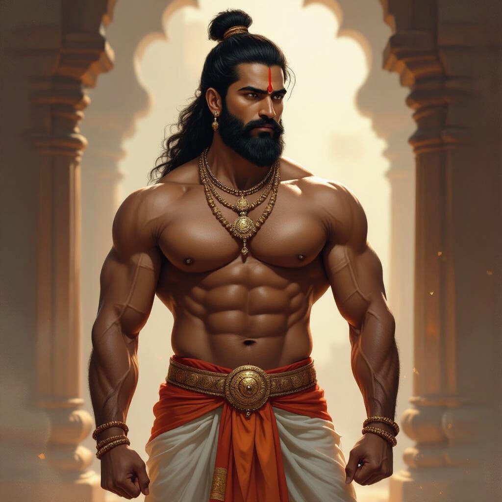 Muscular Hindu Man in Traditional Attire, Hyperrealistic Dig...
