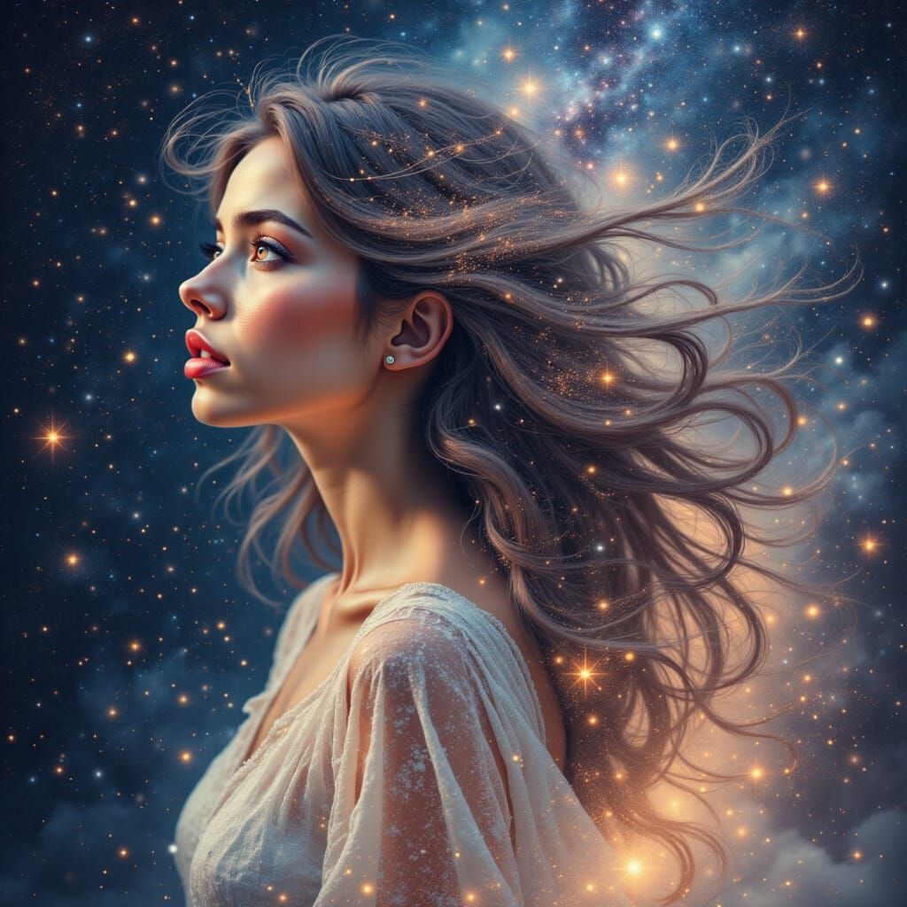 Cosmic Woman Portrait in Watercolor Style