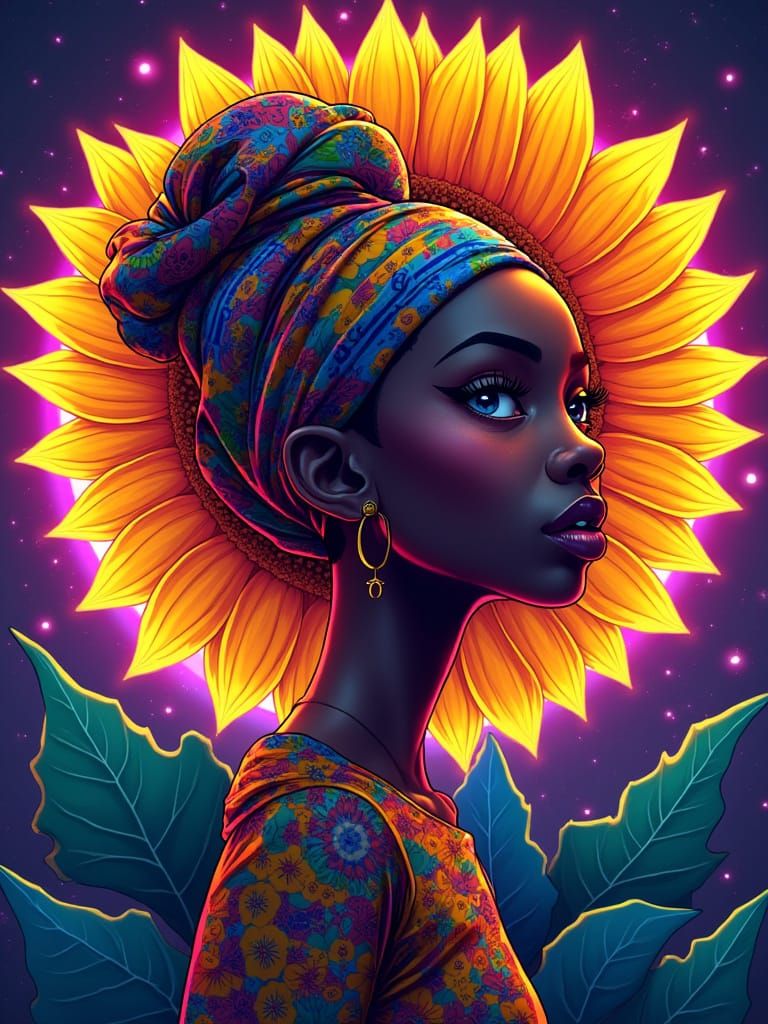 Afrofuturist Sunflower with Human Face Cartoon