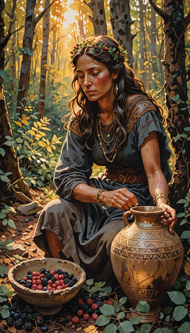 Neolithic Woman Foraging for Berries in Gouache Style