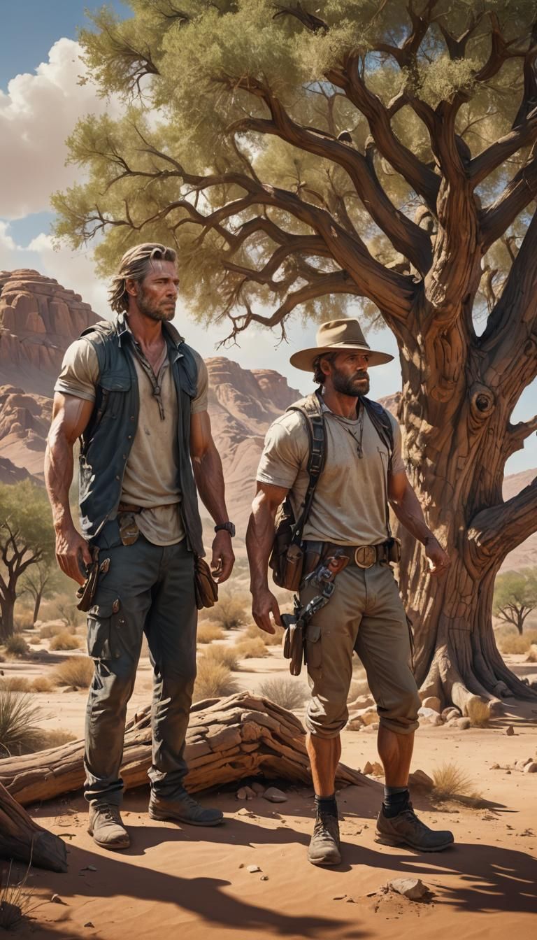 Weary Desert Travelers Near Tree: Hyperrealistic Splash Art