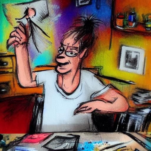 i think people treated him special and would except a squiggle of art from him as payment. artist got to charge an arm a...