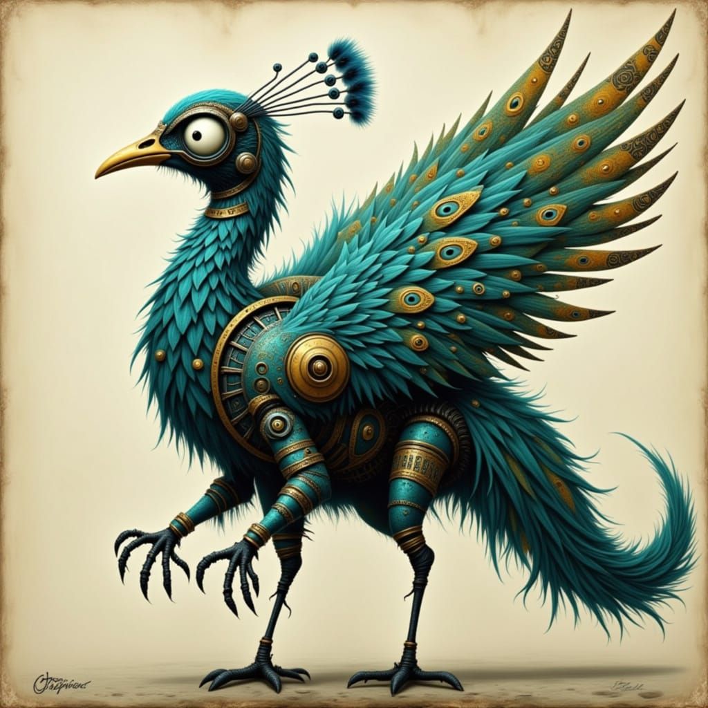 Steampunk Peacock Robot in Art Nouveau Style