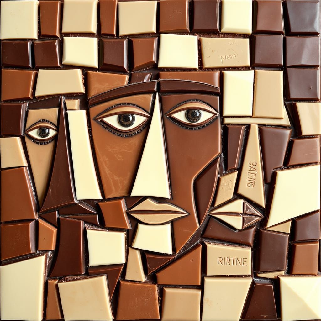 A cubist chocolate mural inspired by Picasso, made from shar...