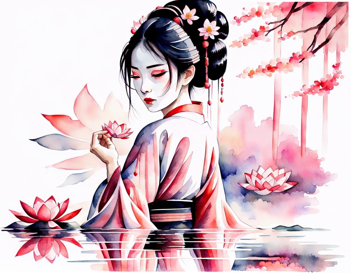 Geisha in Watercolor with Lotus and Sakura