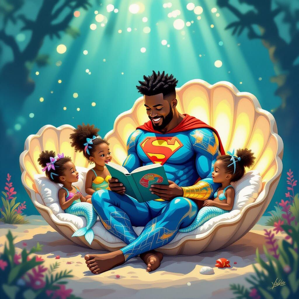 Superhero Dad Reads to Mermaid Kids: Vibrant Concept Art