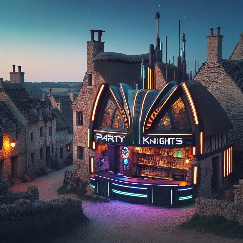 Futuristic Bar in Medieval Village at Night
