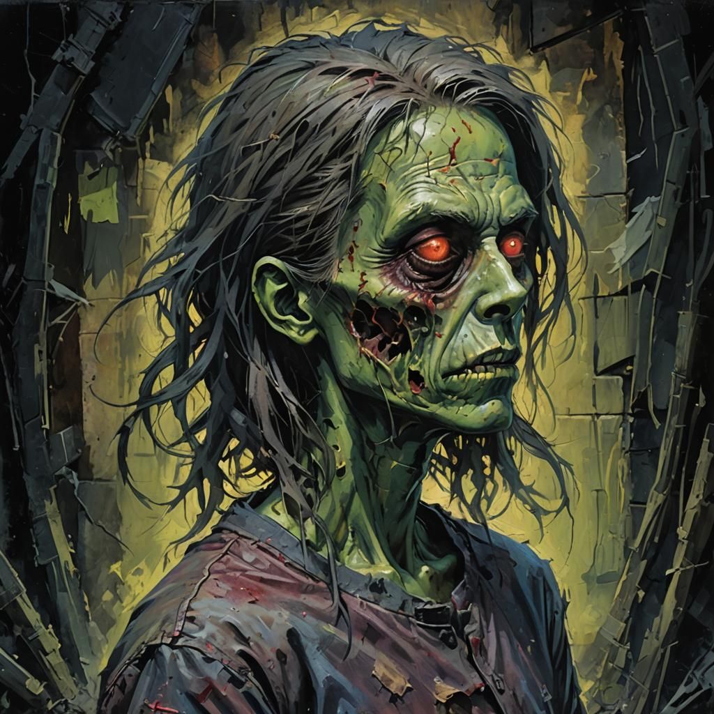 Sad Zombie in Abandoned Alleyway: Dark Fantasy Impasto
