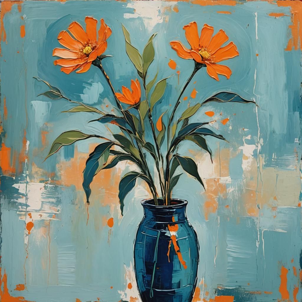 Abstract Orange Flower Painting in Blue Vase